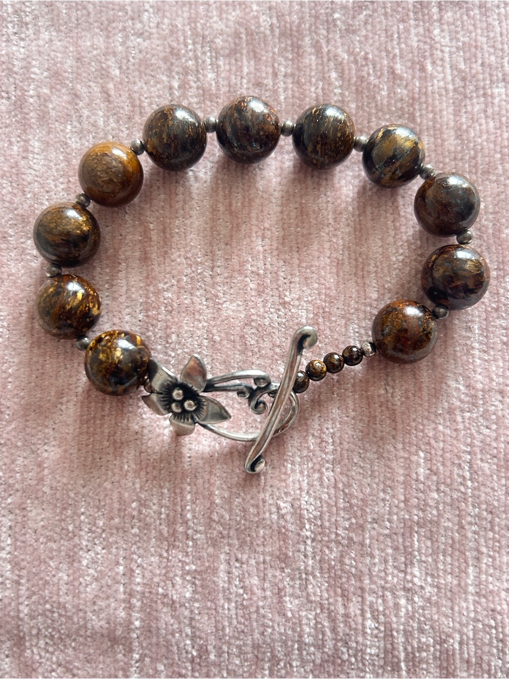 Silpada Sterling Silver Bronzite Bead Bracelet with Floral Ornate Toggle Clasp - Picture 2 of 6